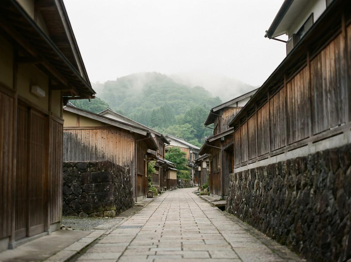 산자락 아래 목조 건물 사이로 이어지는 돌길을 표현한 온천 마을 이미지