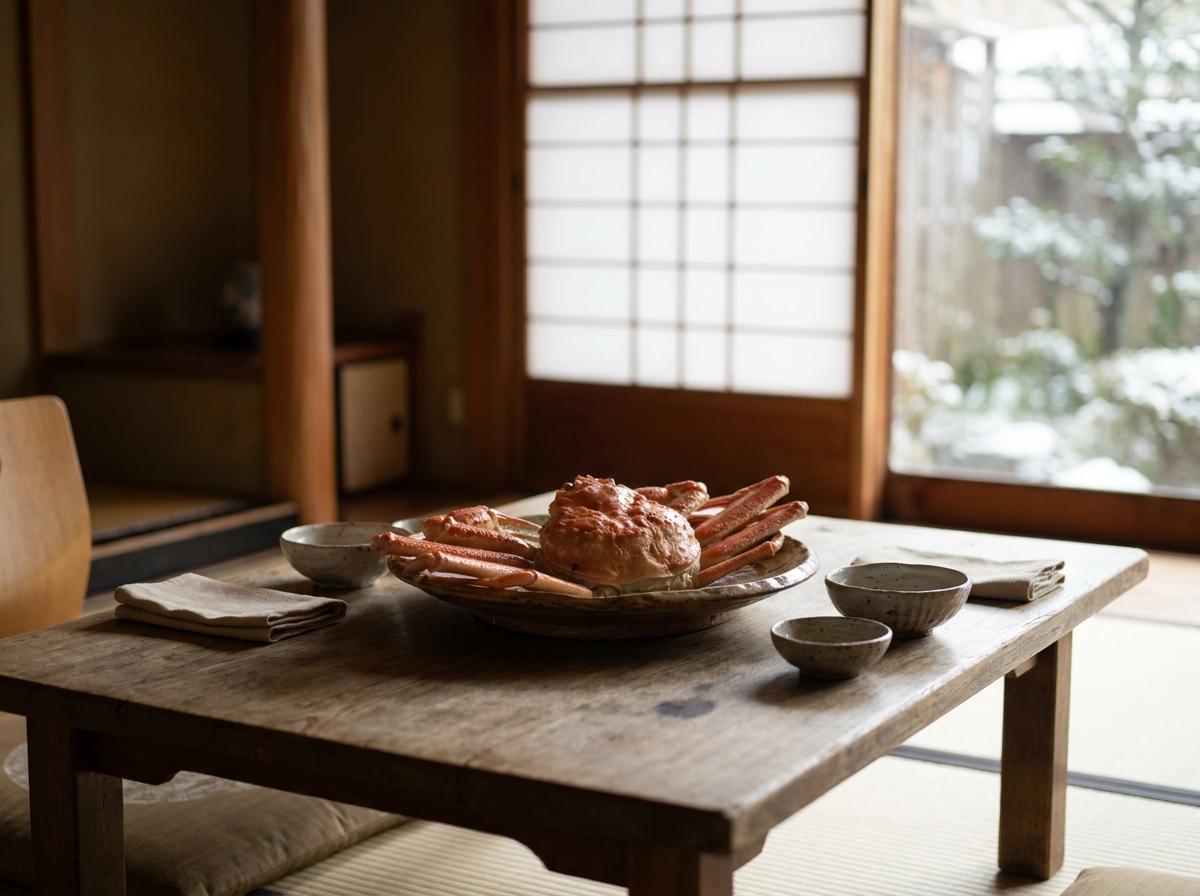 겨울 료칸 식사를 연상시키는 게 요리와 차분한 식탁