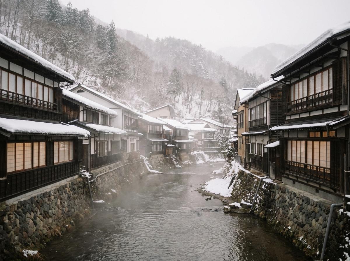 겨울 강변에 전통 목조 여관이 늘어선 온천 마을의 예시 풍경