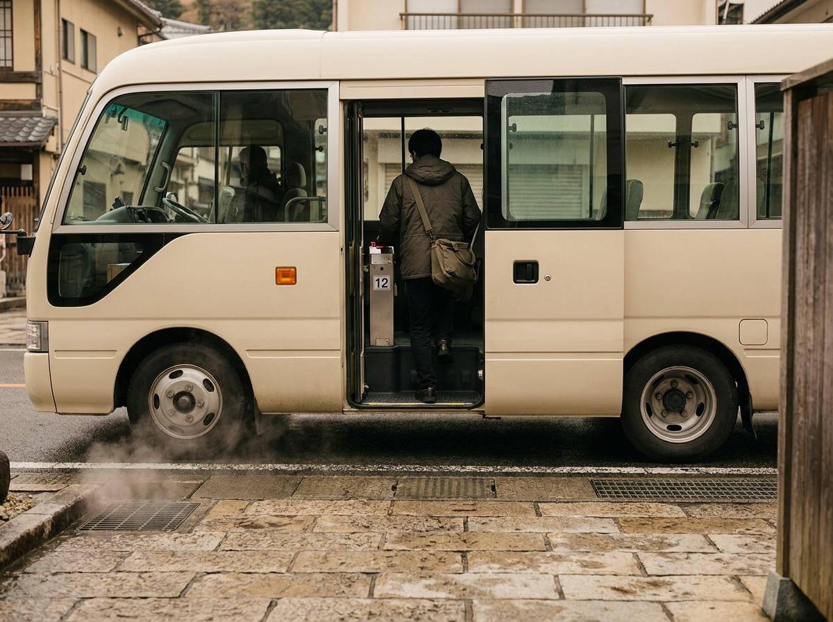 일본 지방 버스의 뒷문과 승차 계단을 표현한 장면