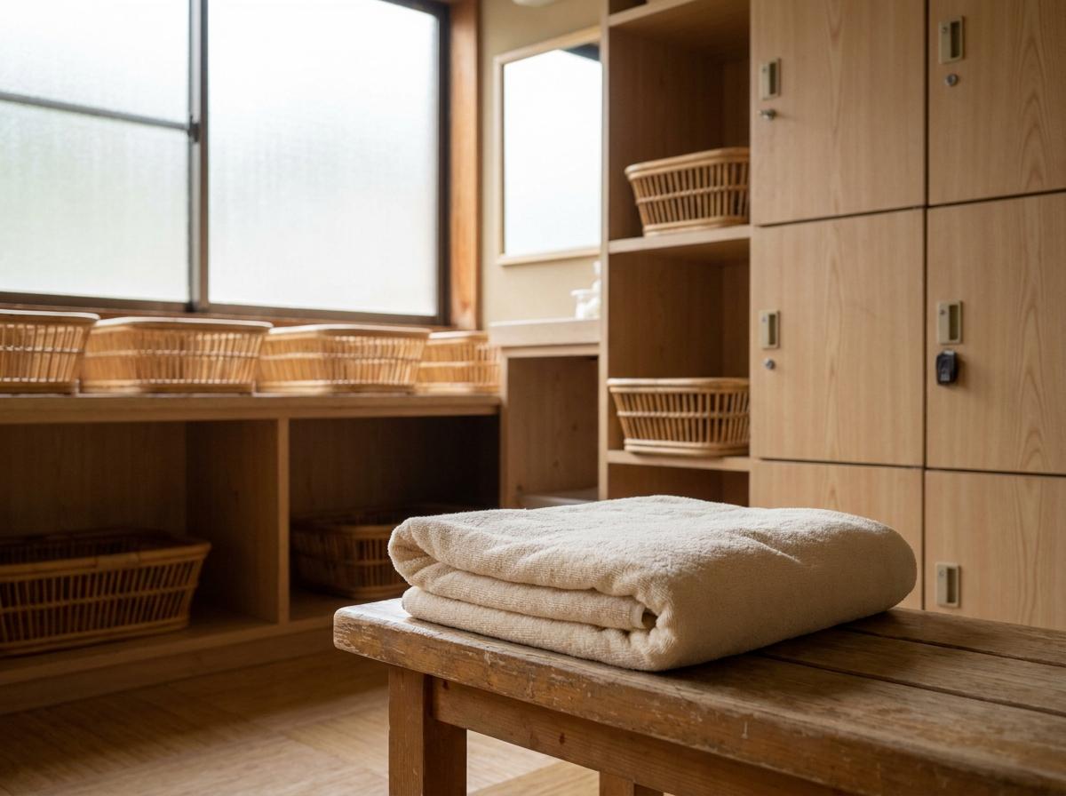 아침 햇빛이 들어오는 온천 탈의실의 수건과 나무 벤치 이미지