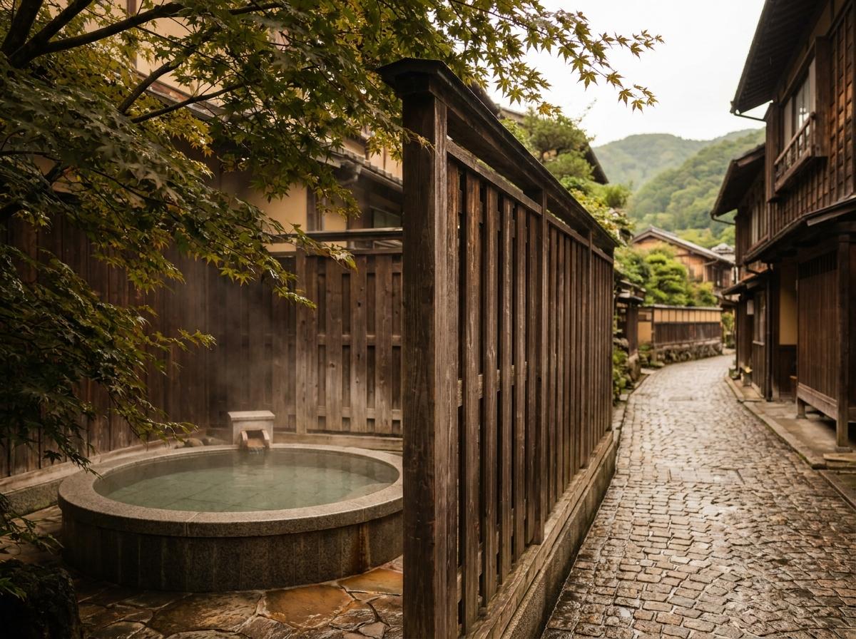 노천탕과 마을 산책길을 함께 표현한 온천 여행 장면