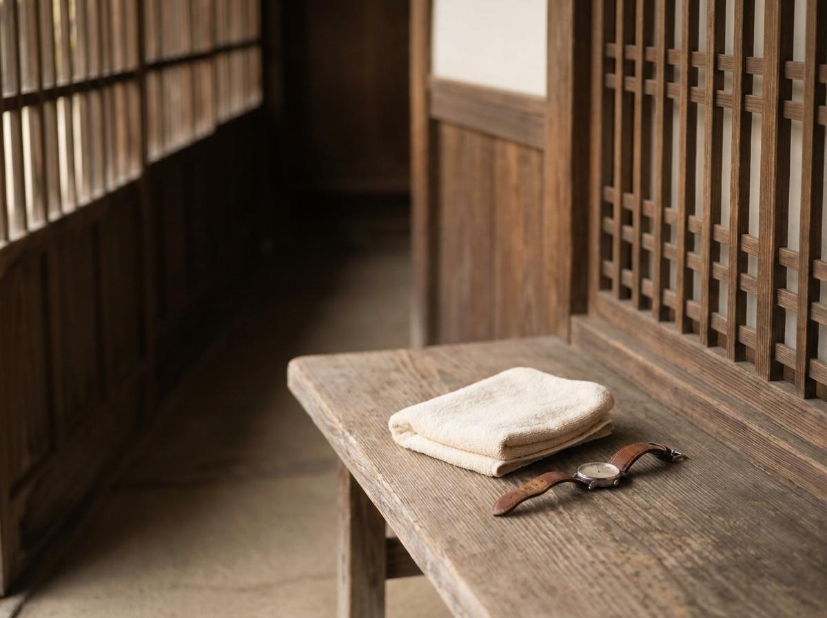 당일 입욕을 준비하는 수건과 시계가 놓인 목재 벤치