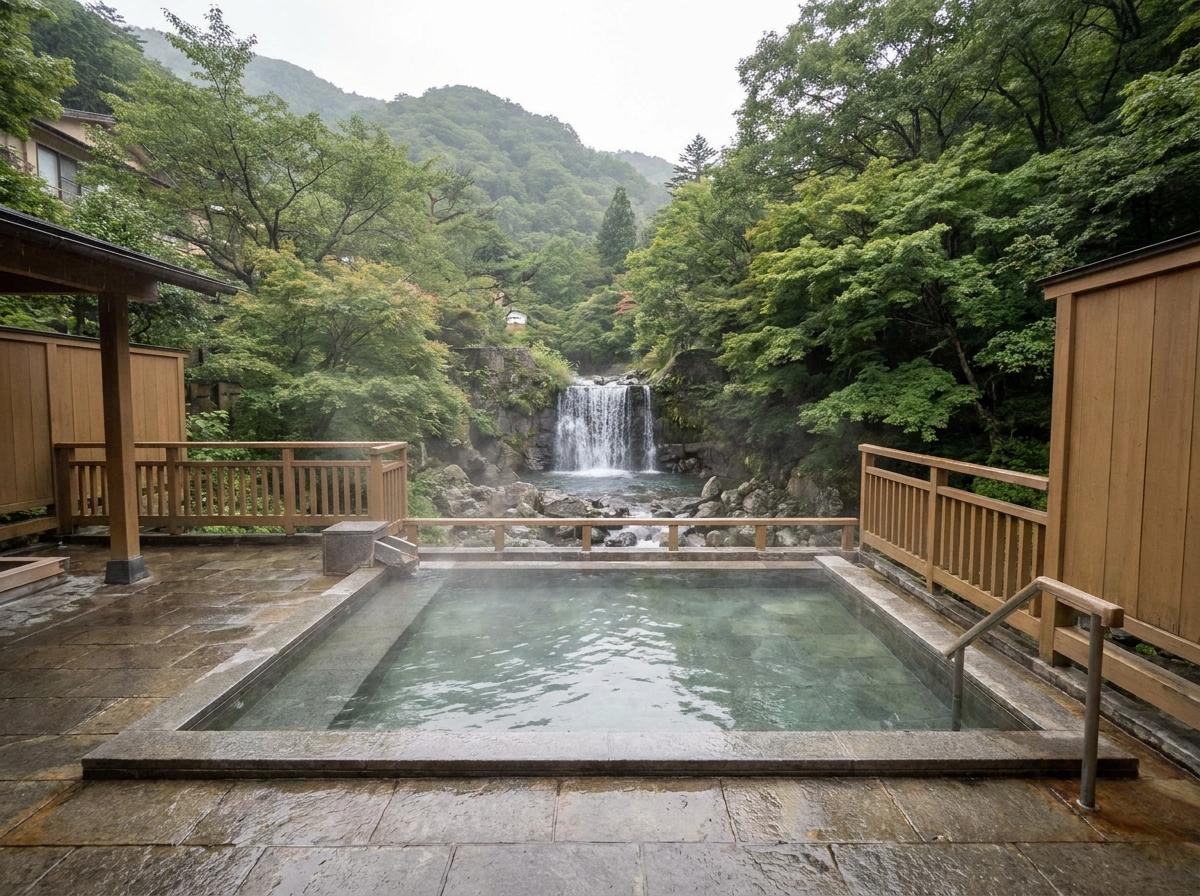 산의 녹음과 폭포를 바라보는 노천탕을 표현한 이미지