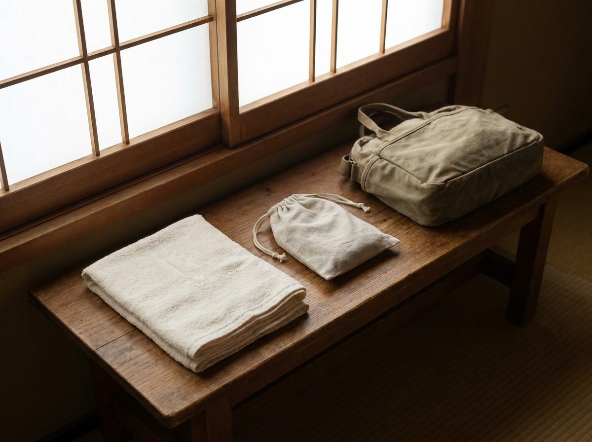 수건과 작은 세면도구 주머니를 챙긴 당일 입욕 준비 예시