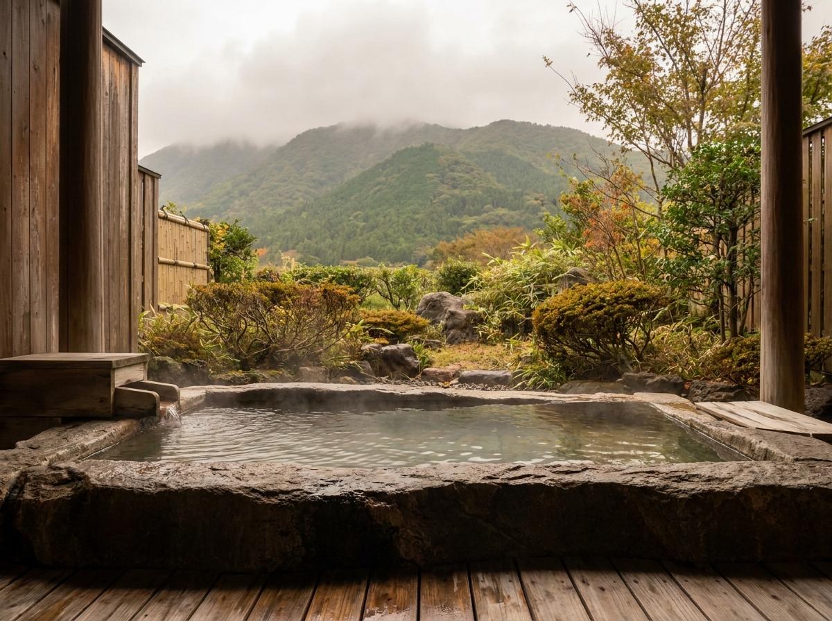 산과 정원을 바라보는 돌 노천탕의 예시 장면